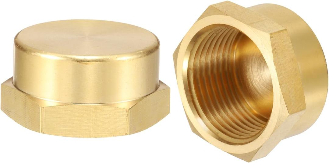 uxcell 2Pcs Brass Compression Cap Fitting Stop Valve Cap 1" NPT Hex Thread Pipe Fitting Flare Cap Tubing Ends Sealing Cap for Air Conditioner, Water, Air, Gas Line (Gold Tone)