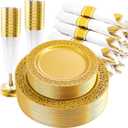 DaYammi 210PCS Solid Gold Disposable Plates with Gold Plastic Silverware and Cups for Party, Plastic Plates Include: 30 Dinner Plates 30 Dessert Platos 30 Rolled Napkins with Cutlery 30 Cups