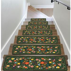 Floral Stair Treads for Wooden Steps Non-Slip 8"X30" 15PCS Flower Stair Carpet Rubber Backing Stair Runner Reusable Stair Rugs Indoor Safety Stair Mats for Elders Kids Dogs Green