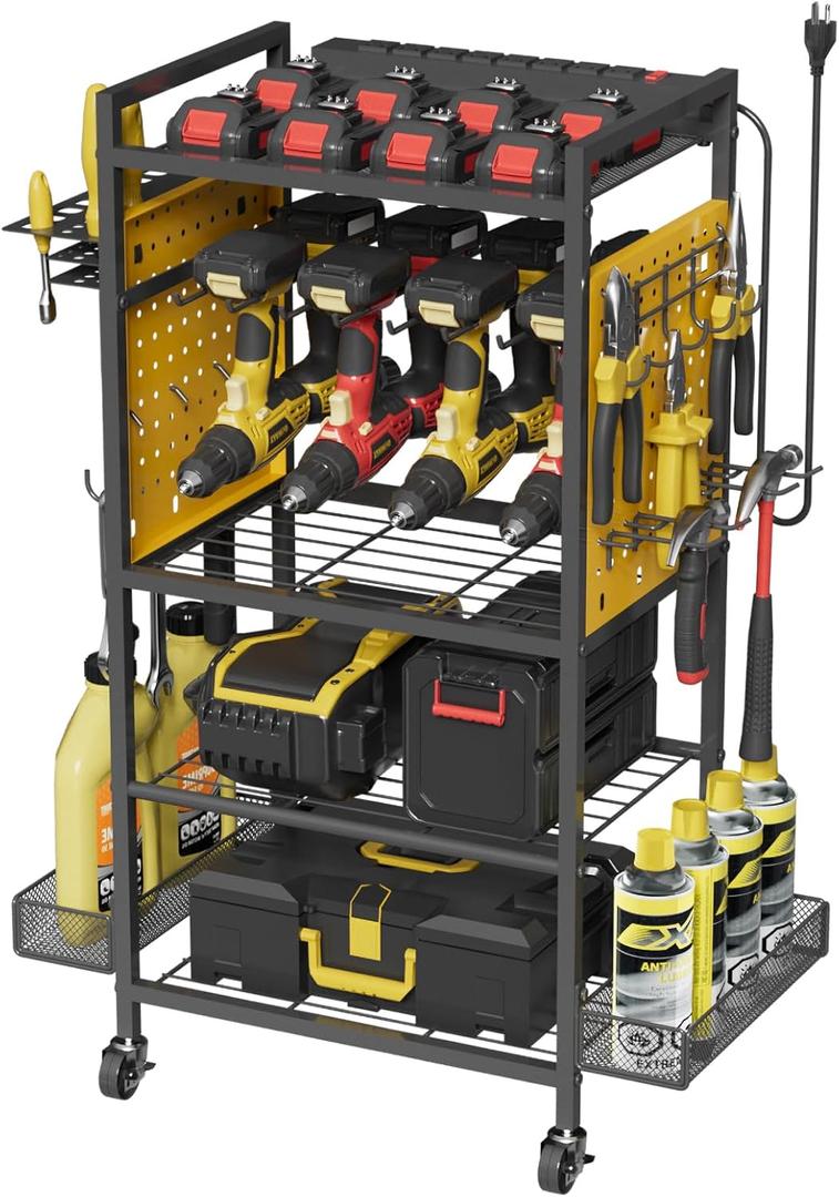 Power Tool Organizer Cart with Charging Station, Heavy Duty Garage Tool Organizer Rolling Tool Battery Storage with 8-Outlet Power Strip, 4 Wheels, 2 Hanging Baskets, 8 Hooks, Drill Bit Holder, Yellow (Large)