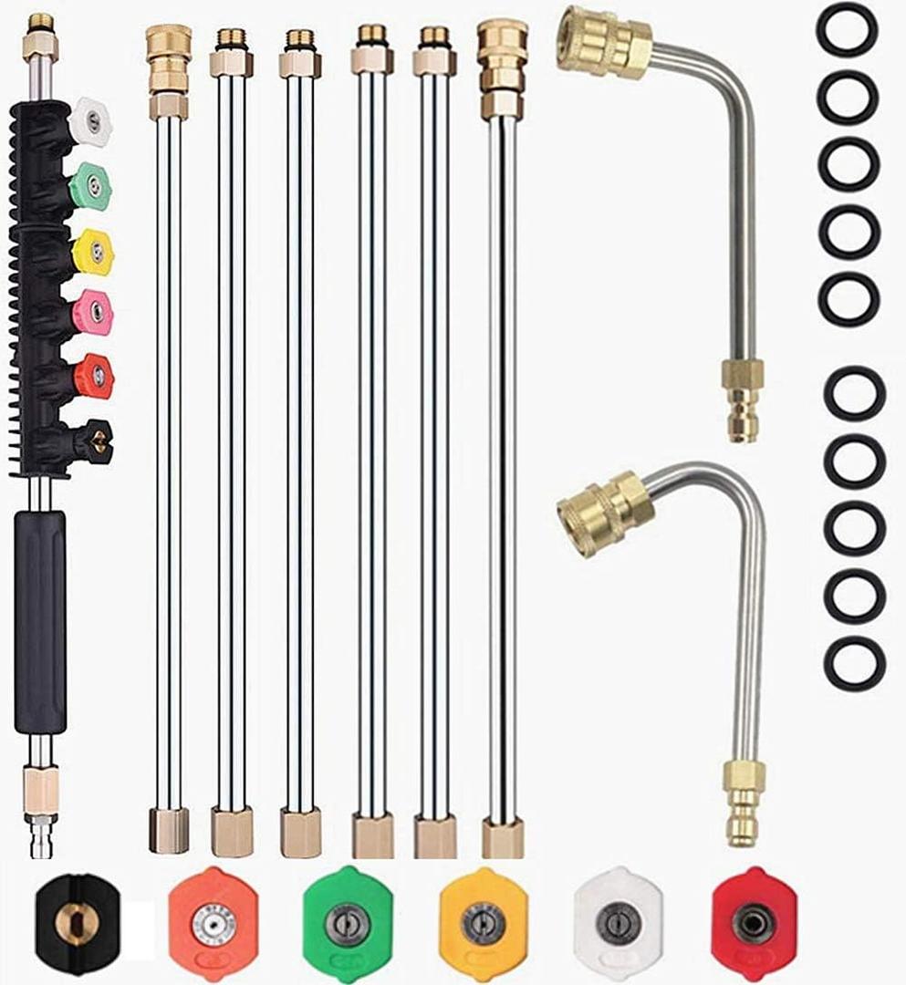 Selkie 120inch Stainless Steel Pressure Washer Extension Wand Power Washer Lance with Spray Nozzle Tips,30,90Curved Rod, 1/4Quick Connect, Replacement for Anti-Leaked Ring 4000 PSI