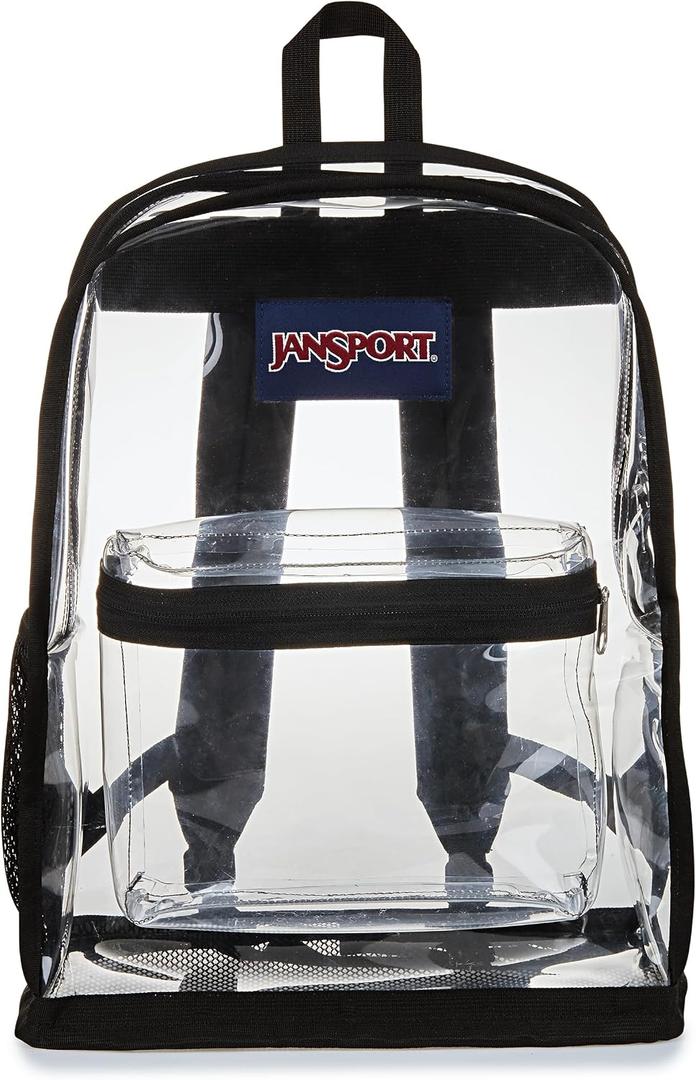 JanSport Clear Pack 25.5L Transparent Backpack, Large Main Compartment, Side Water Bottle Pocket, Front Zippered Pocket, Mesh Bottom Panel, Clear
