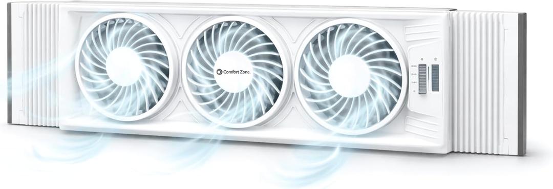 Comfort Zone Triple Window Fan with Adjustable Thermostat | 3-Speed High-Velocity Cooling | Horizontal or Vertical Manual Control | Fits Double Hung Windows (Min 25" x 8") | Fully Assembled | White
