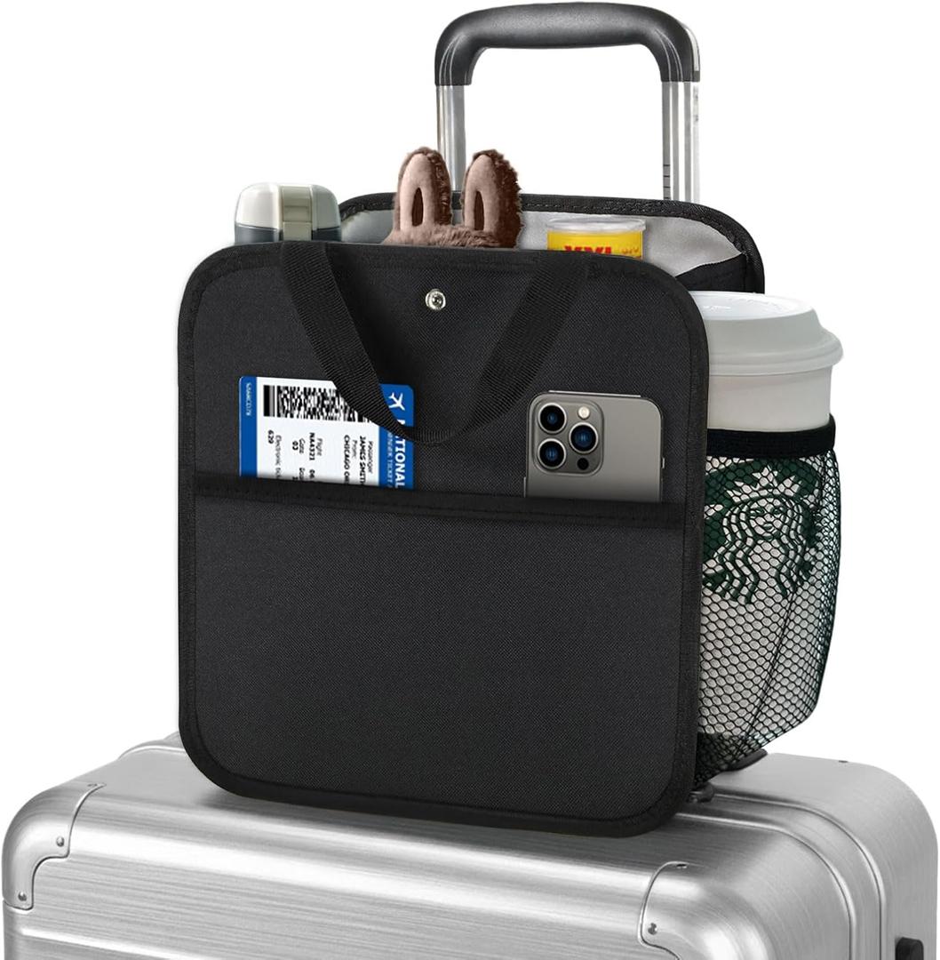 Large Luggage Travel Cup Holder, Oversized Luggage Cup Holder for Suitcase with Big Storage Compartment, Hands-Free Travel Organizer (Black)