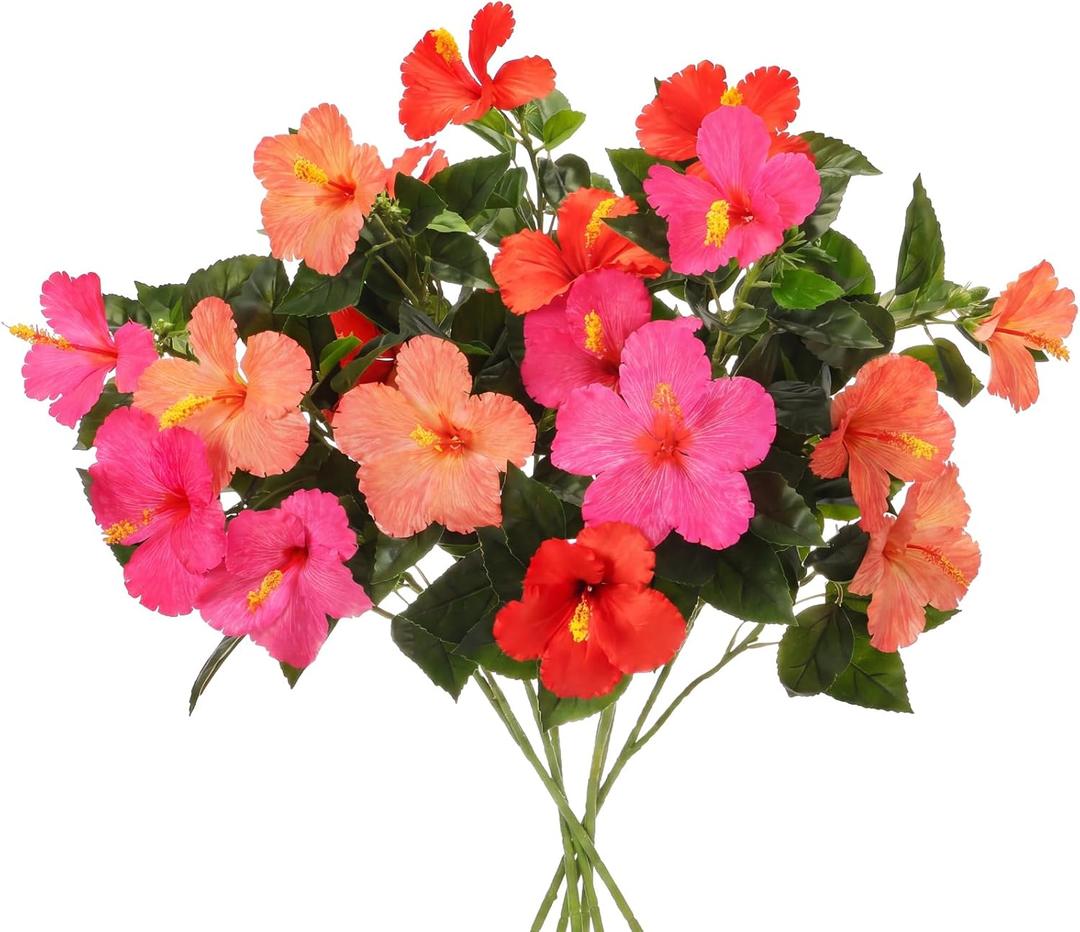 Hotop 6 Pack Artificial Hibiscus Flowers 33"x13" Silk & Plastic Tropical Bouquets Lifelike Blooms with Bendable Stems Faux Hawaiian Flowers for Home Living Room Wedding Patio (Mixed)