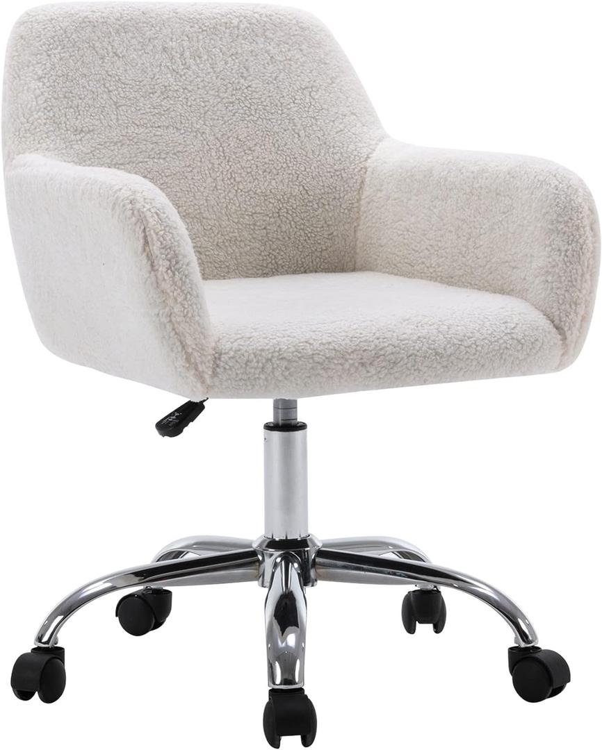 KCC Faux Fur Vanity Makeup Desk Chair, Comfy Fluffy Swivel Modern Leisure Armchair with Wheels, Upholstered Fuzzy Height Adjustable for Teens Women Girls Elegant Home Office, B-Type White, 21.6"D x 21.6"W x 33.2"H