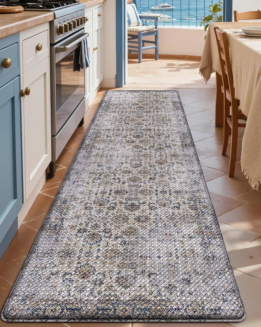 LUMI 2025 Upgraded Anti Fatigue Cushioned Kitchen Mat for Floor, Non-Slip Comfort PVC Padded Mats with Faux Leather Surface for Desk Office, Sink, Laundry, 24"x87" (Fog Nest)