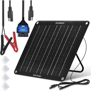 ECO-WORTHY Upgraded OBDII 10W Solar Battery Trickle Charger Maintainer-12V Waterproof Solar Panel Trickle Charger Kit with Portable Stand for Car Truck Boat Mower RV Trailer ATV Marine Battery