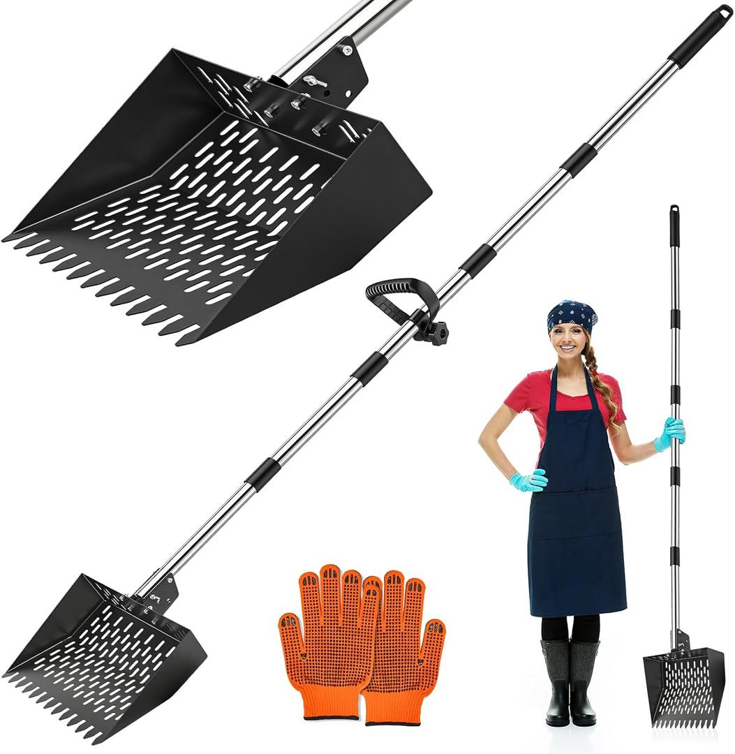Senlinyu Chicken Poop Scooper for Sand, Chicken Poop Scooper & Rake 2-in-1 Chicken Coop Accessories with 24"-70" Adjustable Stainless Steel Handle Heavy Duty Sand Sifting Shovel for Coop Maintenance