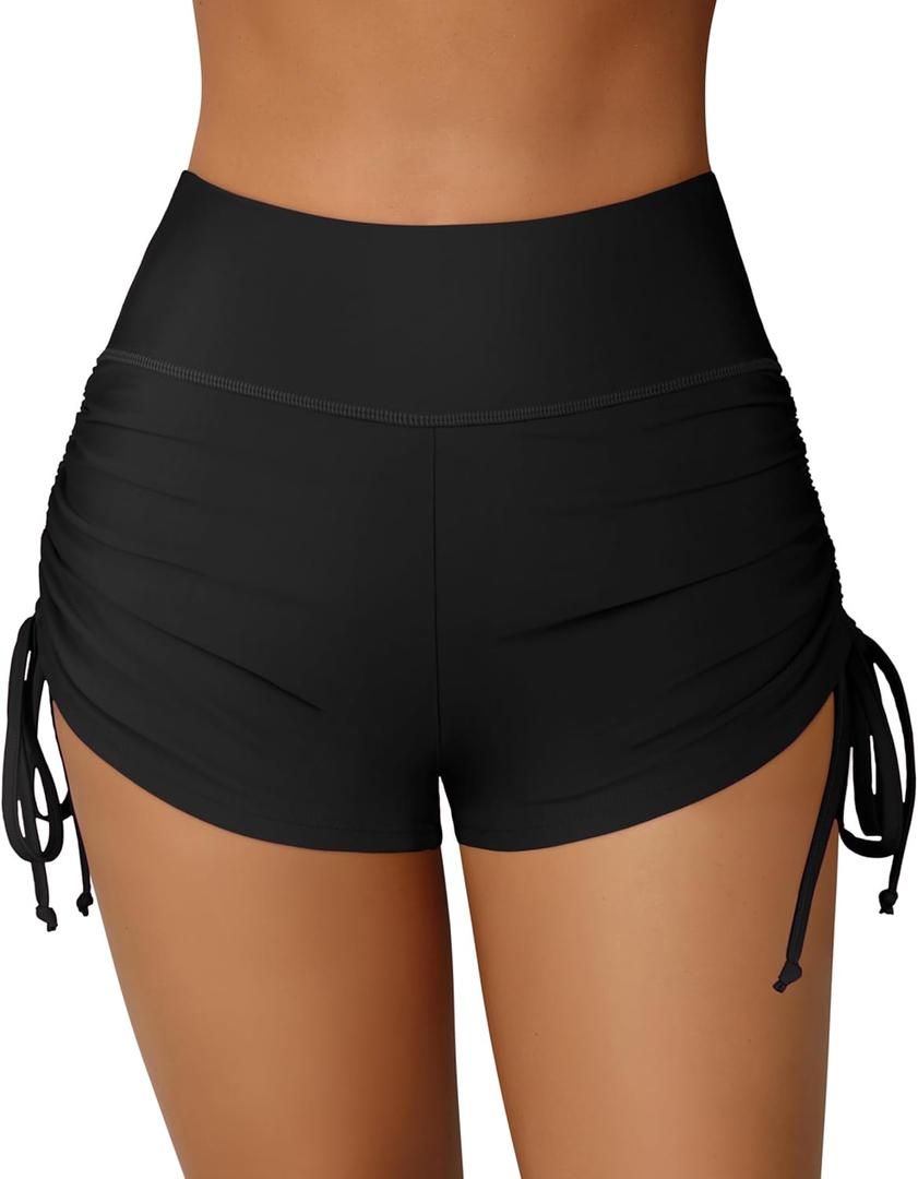 ATTRACO Women Swim Shorts High Waisted Swimsuit Shorts Swim Bottom Board Shorts (Small, Black(pockets))