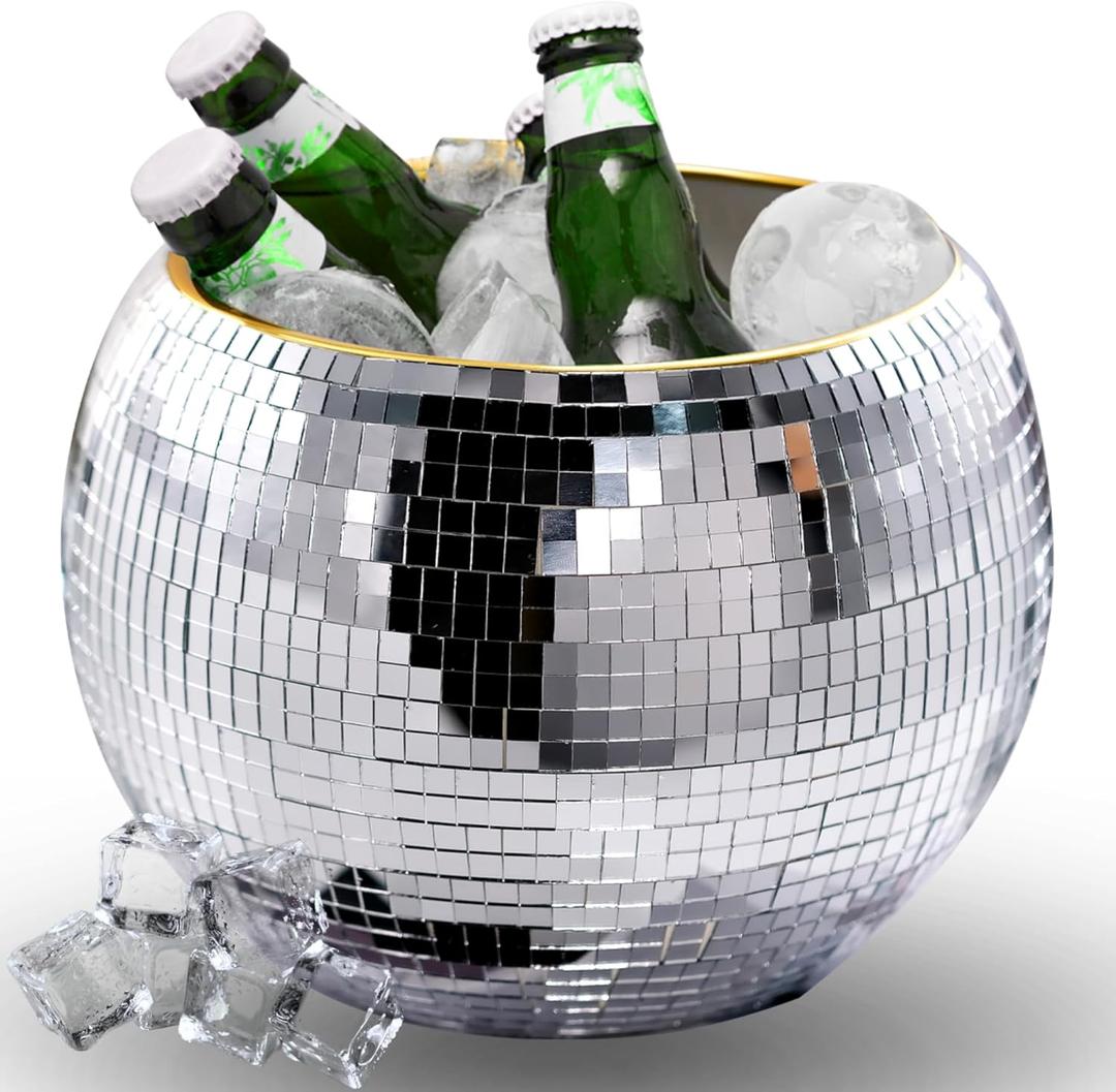Favation Disco Ice Bucket for Parties - 9.8 Inch Disco Ball Theme Party Decorations, Mirror Sliver Disco Ball Decor,Dazzling Stylish Beverage Chiller for Cocktail Bar, Cooler for Wine Beer (Large)
