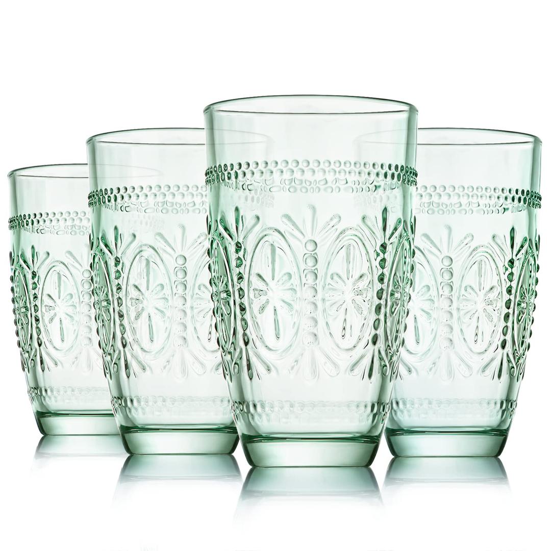 CREATIVELAND Colored Vintage Drinking Glasses Set of 4, 15.5 oz Romantic Embossed Water Glasses, Colored Tumblers Tempered Glass for Juice, Beverages, Beer, Cocktail (Green)