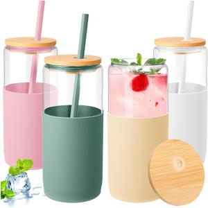 4 Pack 20 oz Glass Tumbler with Straw and Lid Coffee Tumbler with Silicone Sleeve Iced Coffee Cups Can Shaped Water Bottle for Home Outdoor (Cambridge Blue, Amber, Pink, White)
