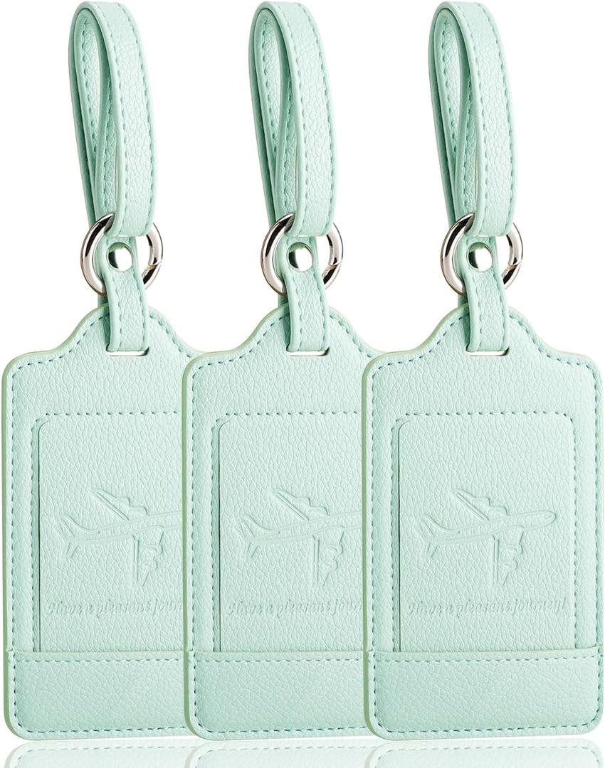 3 Pack Luggage Tags - Quick Install, Privacy Protection, Airplane Travel Essentials for Suitcases, Durable Leather - Lichee Light Green