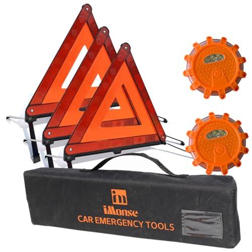 iMonse Warning Safety Triangle Kit, Emergency Roadside Warning Reflective Triangle 3 Packs with 2 LED Road Flare Light, Foldable with Storage Case for Roadside Breakdowns Emergenc