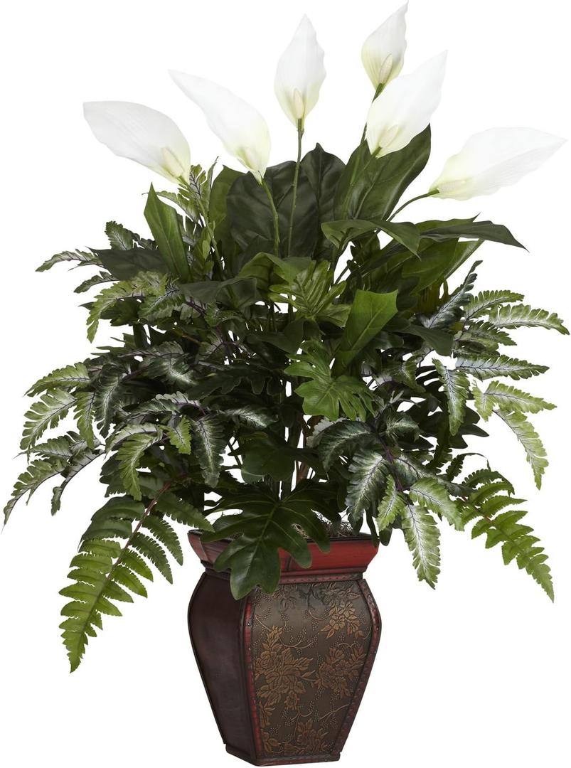 Nearly Natural 6677 Mixed Greens with Spathiphyllum and Vase Decorative Silk Plant, Green,7.5" x 9" x 30"
