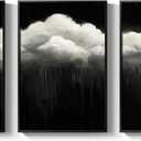 Large Framed Dark Moody Wall Art for Living Room, 3 Piece Academia Goth Canvas Prints Artwork for Walls, Black and White Rainy Cloud Surreal Pictures for Bedroom Wall Decor - Total Size 30x60 Inch