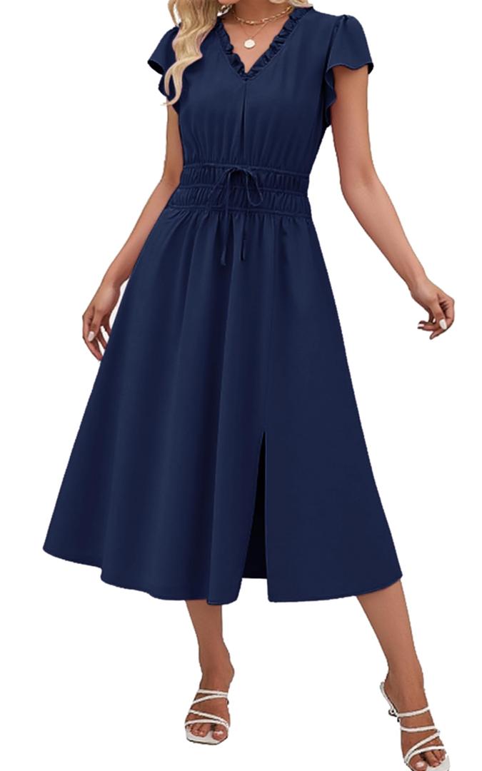 Angashion Womens Summer Midi Dresses Casual V Neck Cap Sleeve Empire Waist Elegant 2026 Flowy Solid Long Dress with Pockets NBL M Navy Blue (Blue, M)