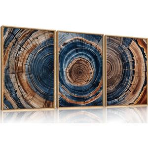Colorful Tree Rings Framed Canvas Wall Art Set,Abstract Blue and Brown Wood Grain Wall Decor,Nature Modern Annual Ring Texture Artwork for Living Room,Bedroom-24 x36 x3