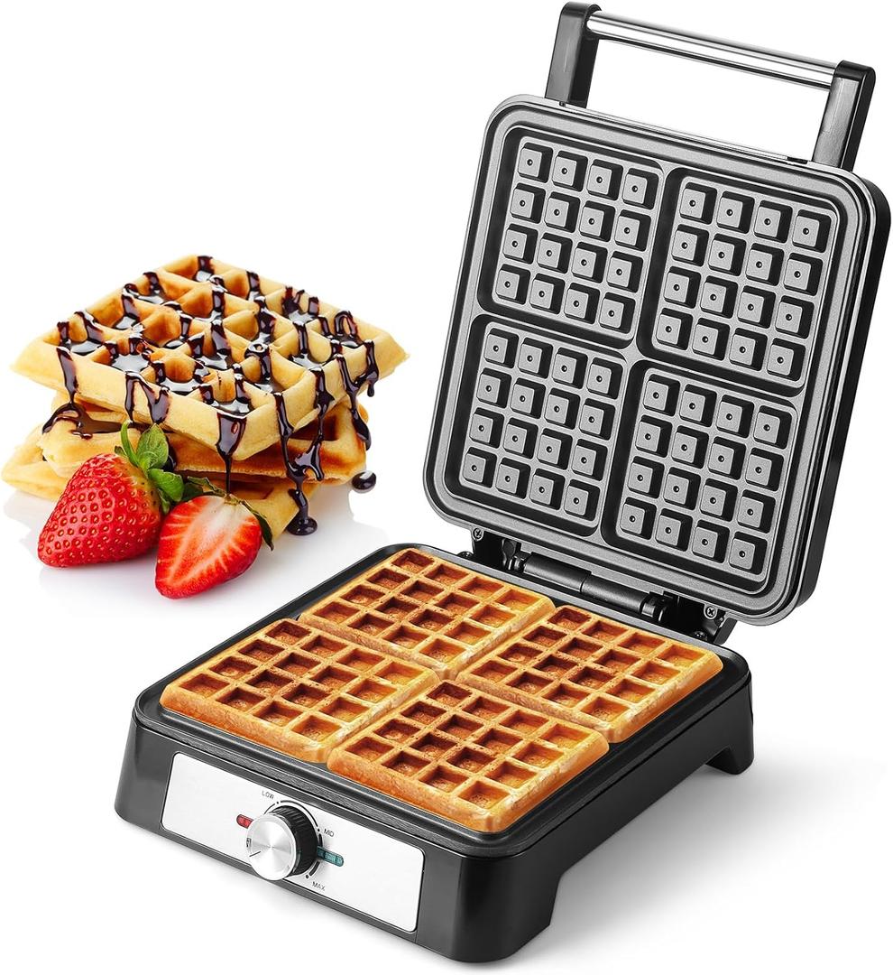 Waffle Iron for 4 Belgian Waffles, 1200W Waffle Maker with Non-stick Coating, Continuously Adjustable Browning