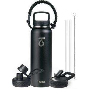 Trebo 40oz Water Bottle Insulated with Lid and Straw,Double Wall Vacuum Stainless Steel Metal Tumbler Sports Flask with Paracord Handle, Keep Hot 24 Hours & Cold 48 Hours Water Jug with 3 Lids, Black