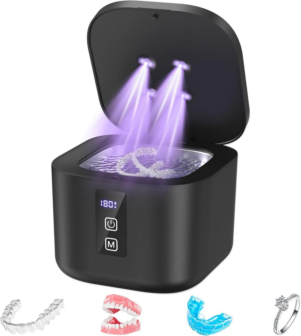 Ultrasonic Retainer Cleaner Machine, 48KHz Dental Cleaning Pod for Denture, Mouth Guard, Aligner, Night Guard, Braces, Toothbrush Heads, Jewelry with Digital Timer & 6 Modes, 13oz Capacity, Black
