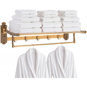28" 2-Tier European Style Brass Foldable Towel Rack with Hook, Gold