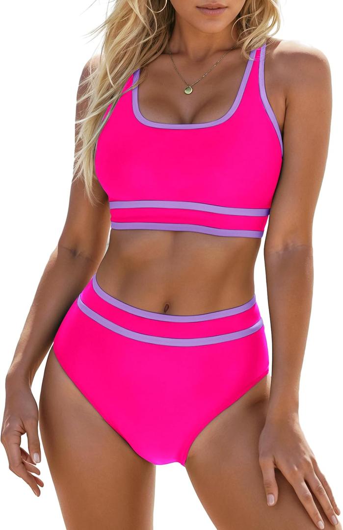 Blooming Jelly Womens High Waist Bikini Sets Sporty Color Block Two Piece Swimsuits Scoop Neck Cheeky Bathing Suits (X-Large, Hot Pink)