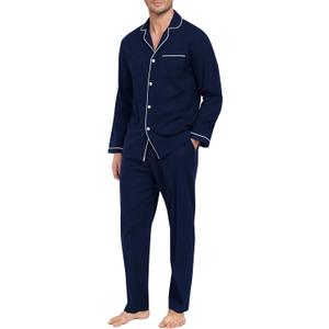 MoFiz Men's Cotton Pajamas Sets Sleepwear Long Sleeve Button Down Loungewear with Pants Soft Pjs Lounge Set with Pockets (3X-Large, Navy Blue)