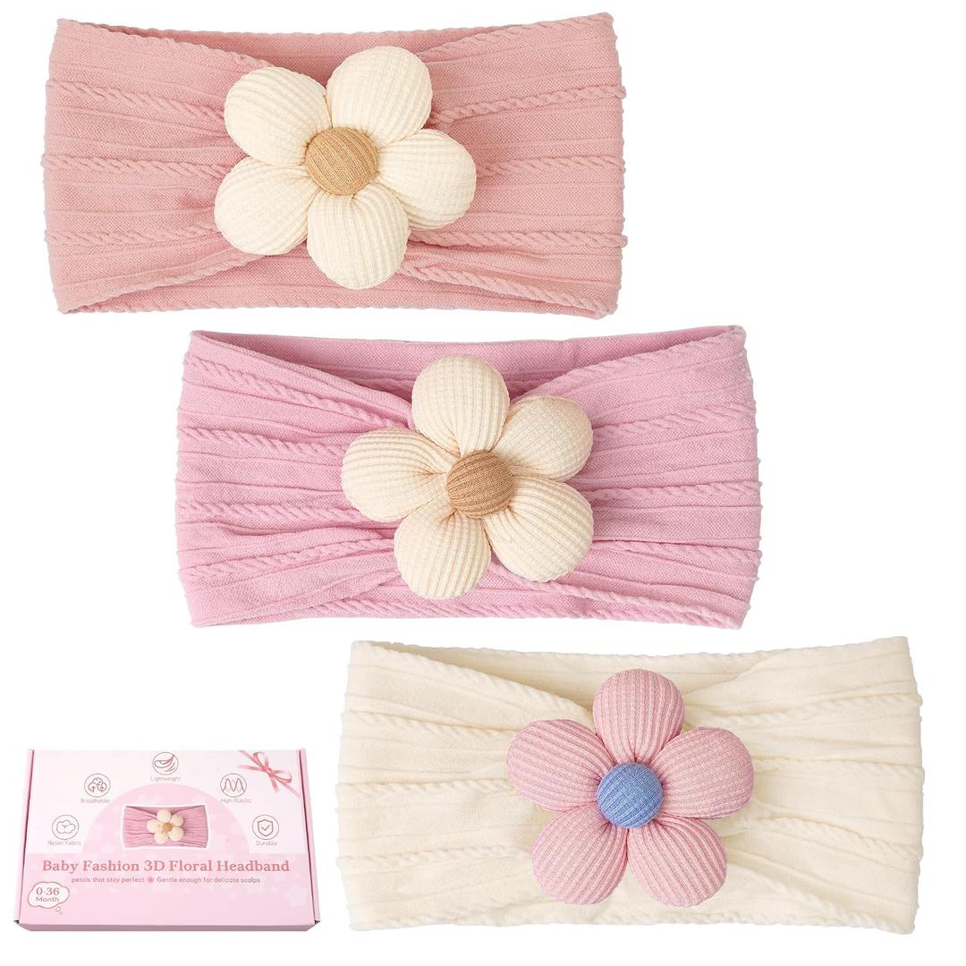 CLLOT 3 Pcs Baby Girl Headbands with Flower Nylon Headbands Soft Stretchy Headwear Hair Accessories for Newborn Infant Toddler Kids (Pink Beige Salmon)
