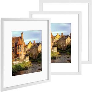 AUEAR, 16x20 Picture Frames Set of 3, with Mat for 11x14 or 16x20 without Mat, Engineered Wood Photo Frames with Plexiglass, Wall Mounting (White)