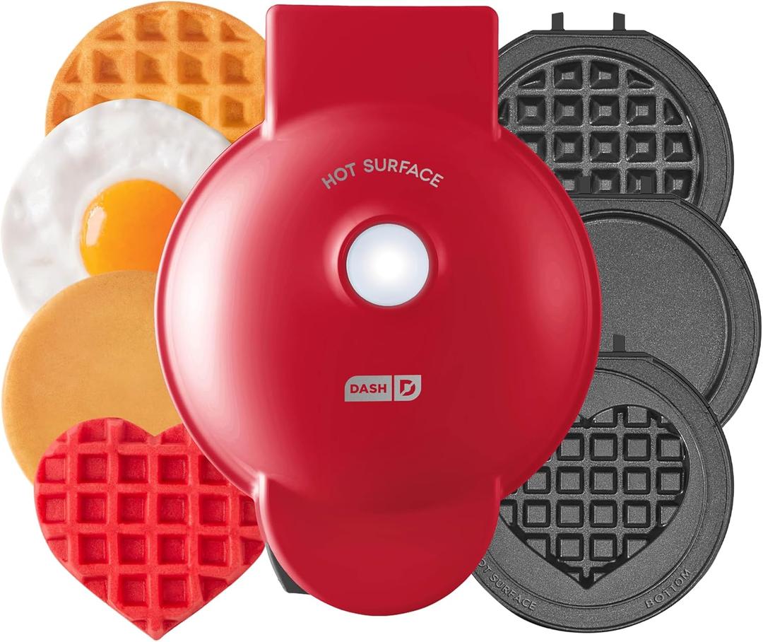 DASH Multimaker Mini System - Waffle Maker with Five 4 Removable Plates: Waffle Iron & Griddle, 3-in-1 Mini Waffle Maker for Kids and Families  Nonstick Surface, Just Add Batter (Red)