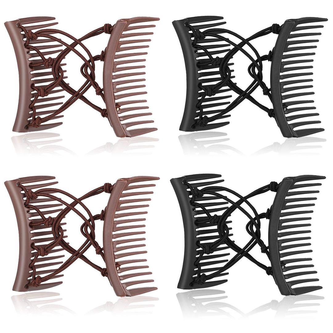4 Pieces Adjustable Elastic No Crease Double Comb Hair Pins for Women's Curly Thick Wavy Hair Ponytail (Black, Coffee)
