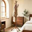 Wooden Coat Rack Freestanding with 8 Hooks & 3 Adjustable Sizes for Clothes, Space-Saving Design for Bedroom Office Entrance Holds Hats Coats Scarves Bags