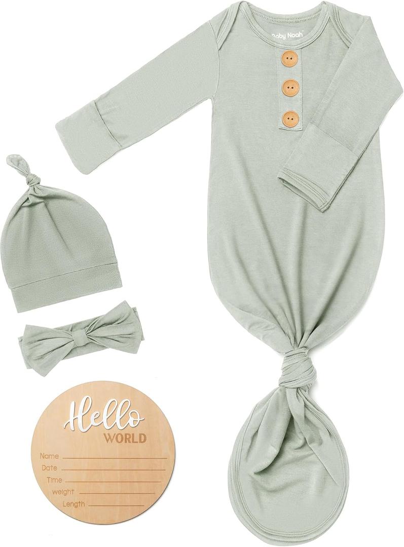 Soft Baby Knot Gown 0-3 Months, Newborn Announcement Sleepers With Mitten Cuffs and Personalized Wooden Name Tag (Pale Teal Green) Newborn