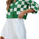 Dokotoo Womens Checkered V Neck Button Down Long Sleeve Cable Knit Cropped Cardigan Sweaters Tops (Large, Green)