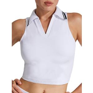 Womens Golf Shirt Sleeveless Polo Collared Tennis Shirts for Women Athletic Workout Cropped Tank Tops (White/Black, Small)