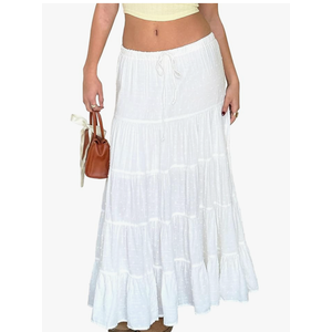 Tsher Women's Casual High Elastic Waist Ruffle Boho Pleated A-line Long Maxi Skirts 0333 M