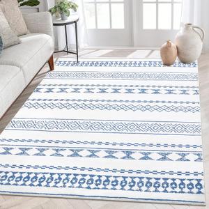 Boho Area Rug 5' x 7' - Machine Washable, Low Pile, Farmhouse, Modern Geometric, Stain Resistant for Living Room, Bedroom, Dining Room - Blue