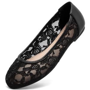 Greatonu Women's Ballet Flats Round Toe Slip on Lace ballerina Flat Comfortable Wedding Casual Dressy Floral Flats Shoes (8, Black)