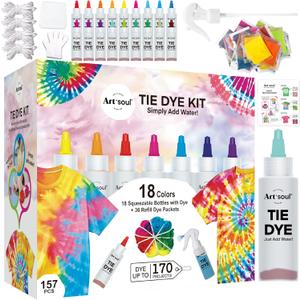 Art+soul 18 Colors Tie Dye Kit with Bonus Tie Dye Powder Refiils Packs,DIY Fabric Dyeing Kit Includes Rubber Bands, Gloves, Guide Book Perfect for Arts & Crafts, Family Party, Birthday Gifts