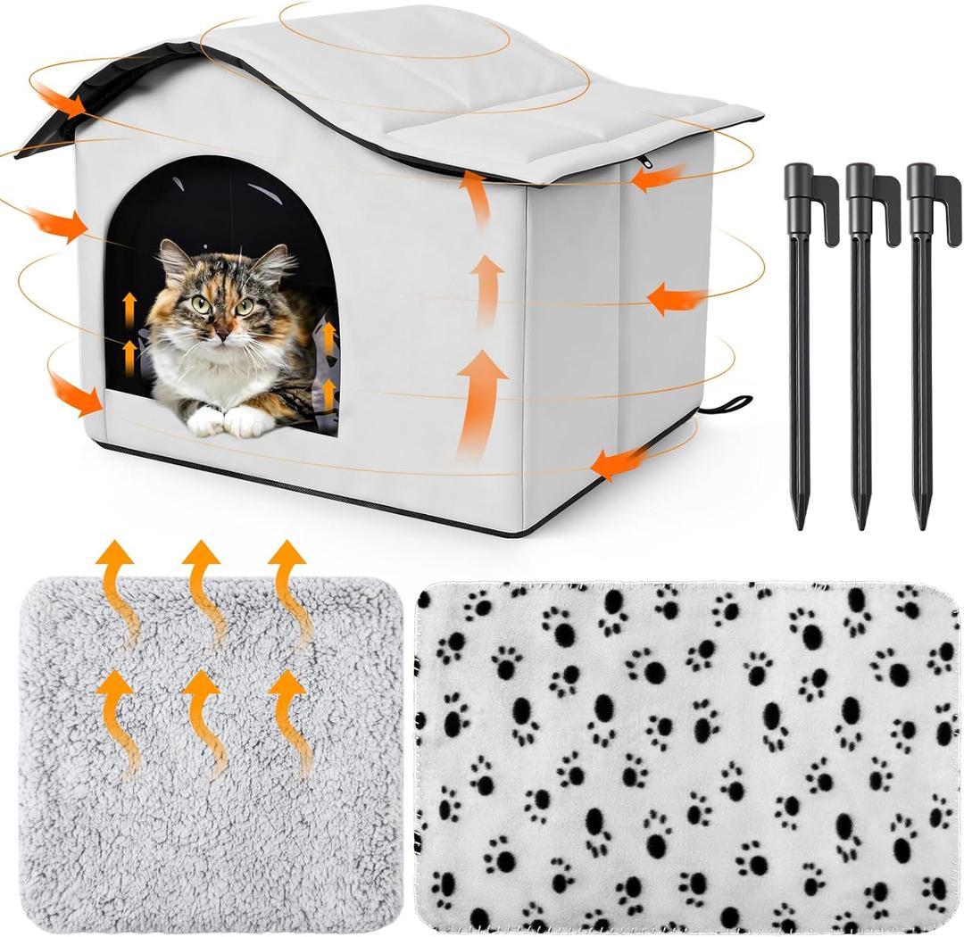 Self Heating Outdoor Cat House Weatherproof Insulated Stray Pet Feral Cat House Outdoor for Winter Collapsible Cats Shelter with Self Warming Mat Blanket and Tent Stakes for Feral Cats Dog