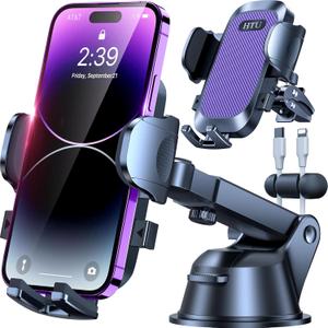 [True Military-Grade] Car Phone Holder2024 Stronger Suction & Clip Universal Cell Phone Holder for Car Mount for Dashboard Windshield Air Vent Long Arm Cell Phone Car Mount Thick Case,Purple