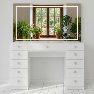 Boahaus Amelia Vanity Desk with LED Mirror  Complete Makeup Station with 11 Drawers, Integrated Power & Built-in Speakers (White)