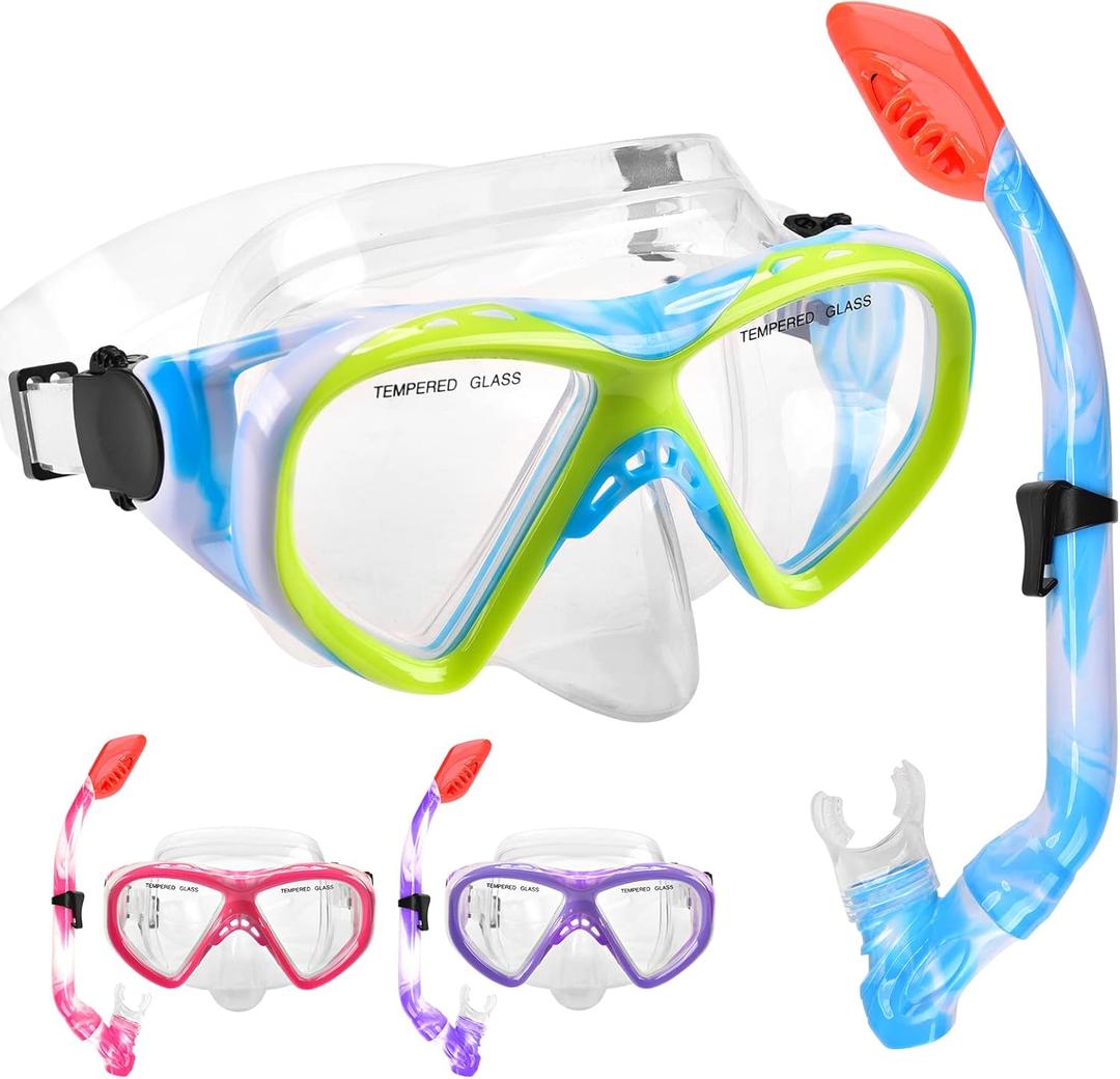 Kids Snorkel Set Dry Top Snorkeling Gear for Kids Youth Boys Girls Junior Age 5-15,Tempered Glass Swimming Diving Mask and Snorkel Set 180 Degree Panoramic View (Blue)