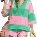 ReachMe Womens Workout Striped Short Sets 2 Piece Outfits Summer Matching Lounge Sets Top and Shorts with Pockets Light Pink Green