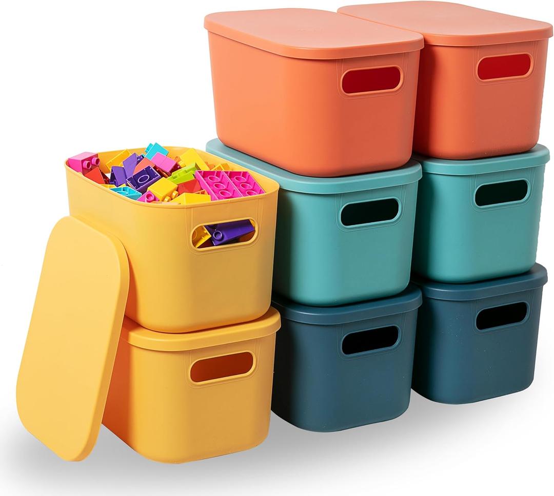 HapiLeap Plastic Storage Bins with Lid, Stackable Storage Containers for Organizing, Decorative Storage Baskets for Shelves Living Room Playroom Classroom Office (Small (8 PCS))