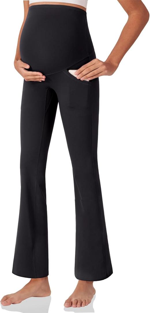 POSHDIVAH Women's Maternity Work Pants Yoga Lounge Stretchy Bootcut Flare Pants Pregnancy Dress Trousers for Business Casual Black, Large