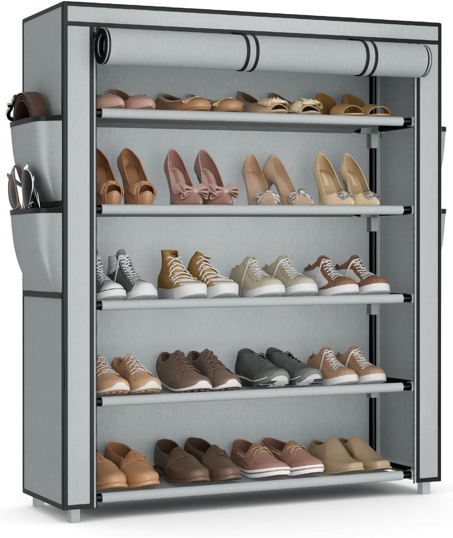 Shoe Rack with Cover, 5 Tier Shoe Organizer Storage for 20-24 Pair Shoes and Boots Large Shoe Storage Shelf Space Saving Vertical Shoe Rack for Closet, Front Door Entrance, Dorm, Garage, Grey