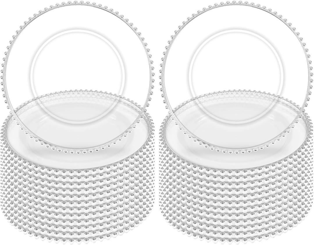 24 Pack Clear Charger Plates With Silver Beaded Rim - 13 Inch Plate Chargers for Dinner, Acrylic Decorative Plates, Transparent Decorative Dinner Charger Plates for Events & Parties (Silver)
